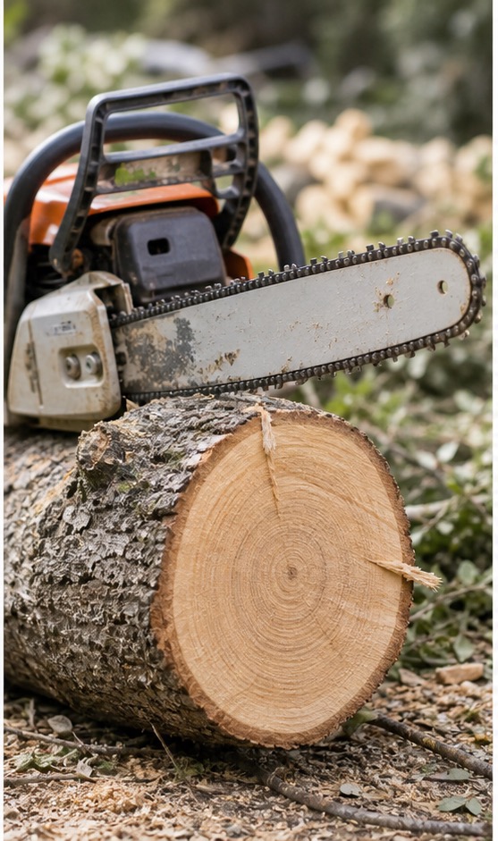 Chainsaw cutting a tree log